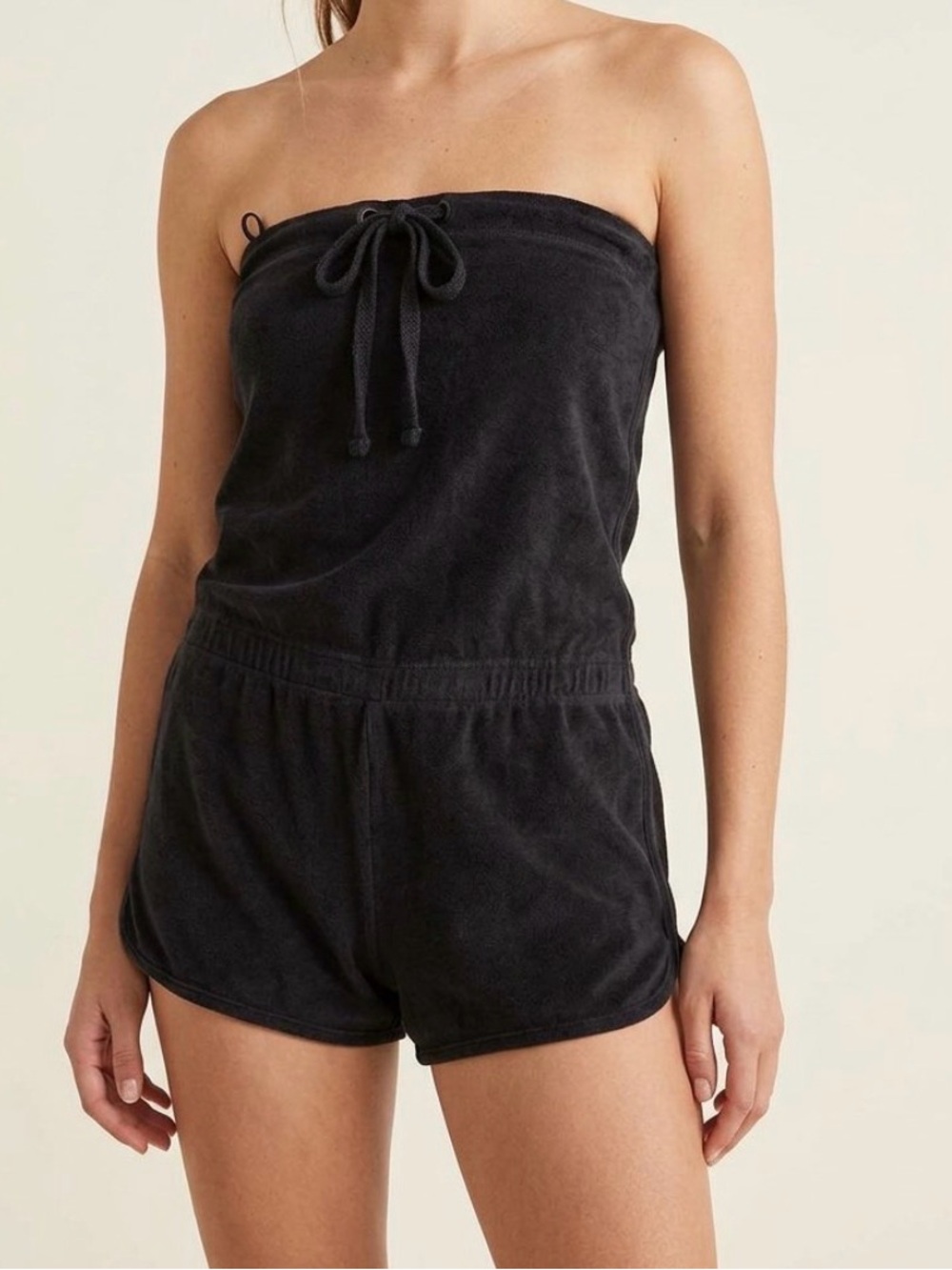 Ambiance Black Strapless Terry Romper with Drawstring